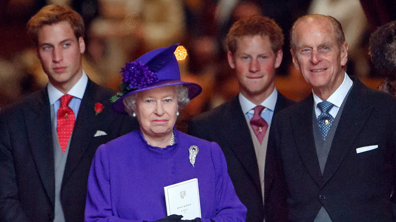 William, Prince of Wales, Queen Elizabeth II, Prince Harry, Duke of Sussex, and Prince Phillip