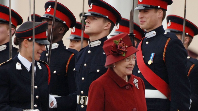 Queen Elizabeth inspecting Prince William at the Royal Military Academy Sandhurst 