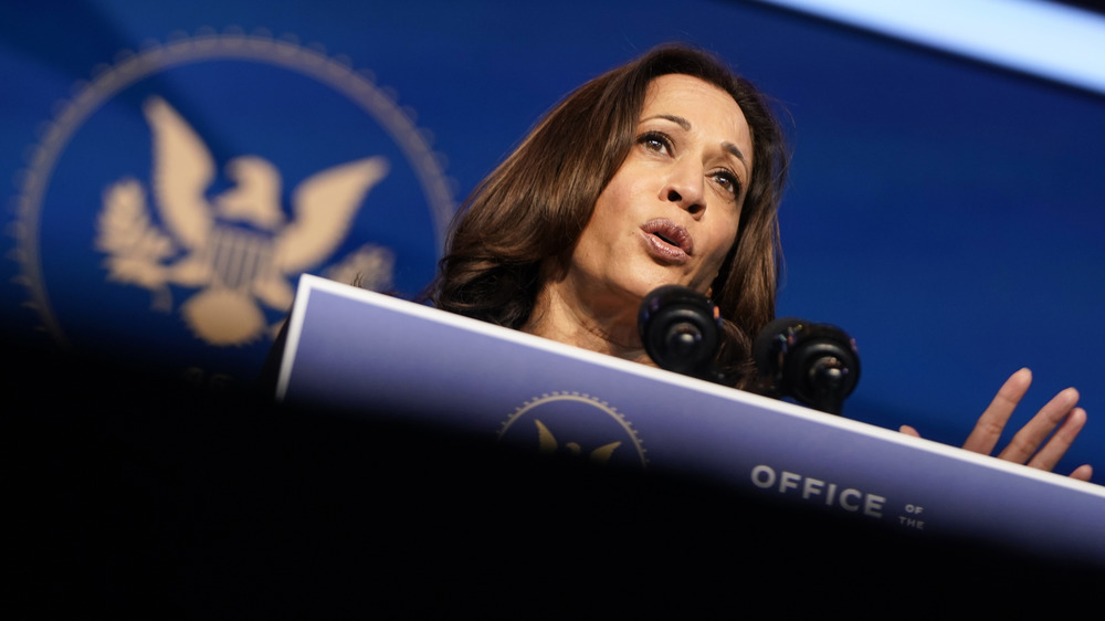 Kamala Harris speaks from podium