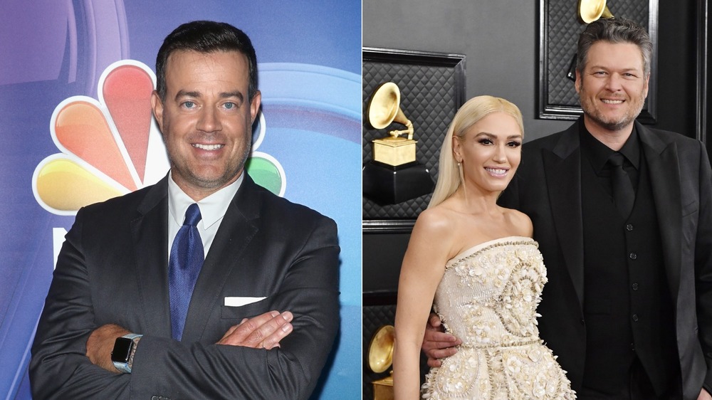 Carson Daly arms crossed in suit / Gwen Stefani and Blake Shelton in Black and White formal wear