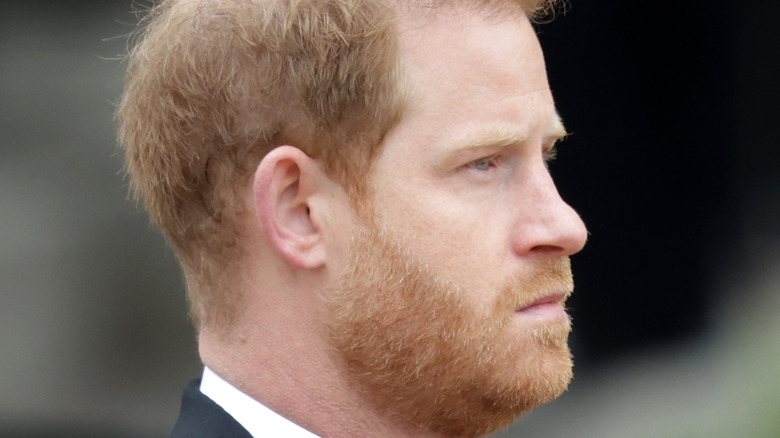 Prince Harry profile looking somber
