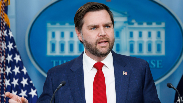 JD Vance giving a White House press briefing while speaking in a suit and red tie.