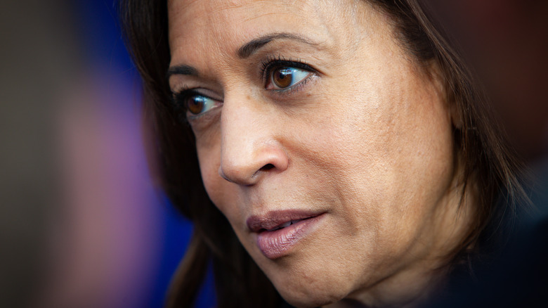 Close up, Kamala Harris wearing a dark blue suit