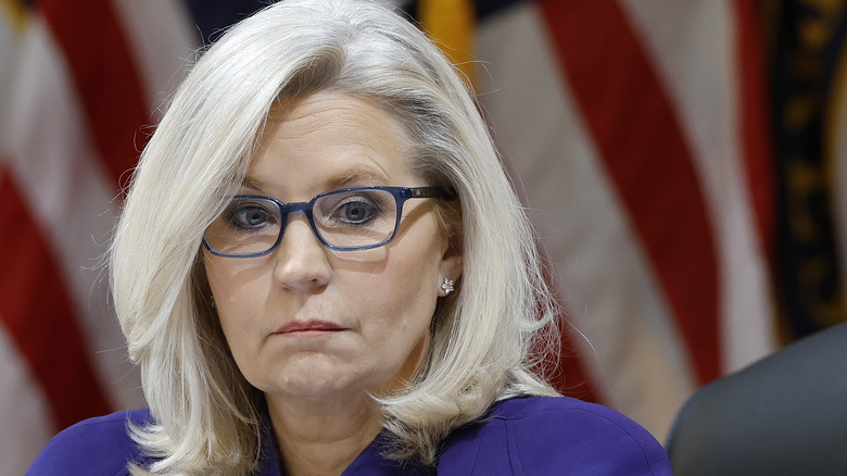 Liz Cheney in blue rimmed glasses