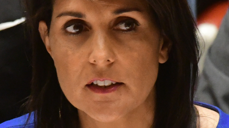 Nikki Haley frowning and looking to the side