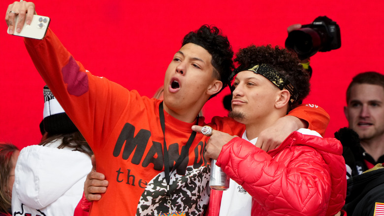 Patrick and Jackson Mahomes celebrating the Chiefs Super Bowl win