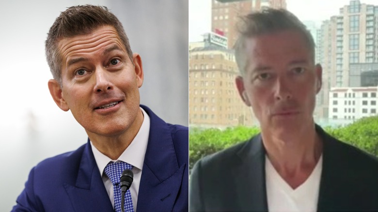 side-by-side image of Sean Duffy smiling and frowning