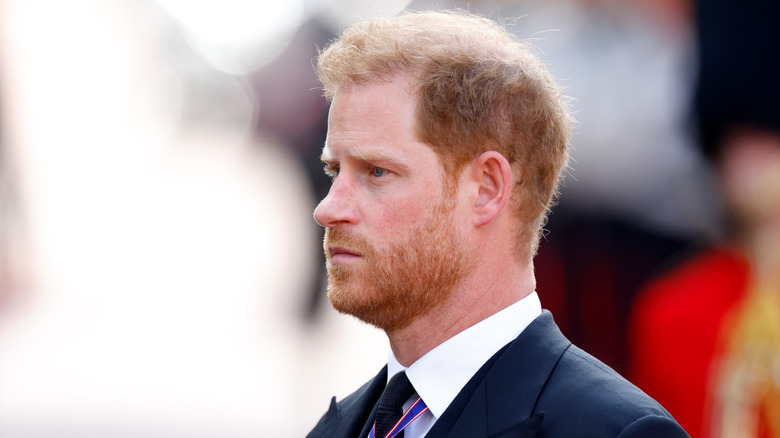 Prince Harry looking sad outdoors in profile.