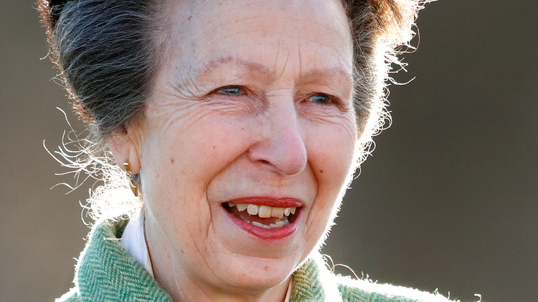 Princess Anne smiling at the camera in a hat and red lipstick