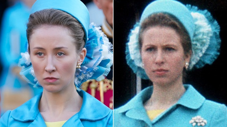 Princess Anne standing at Caernarvon in The Crown and real life
