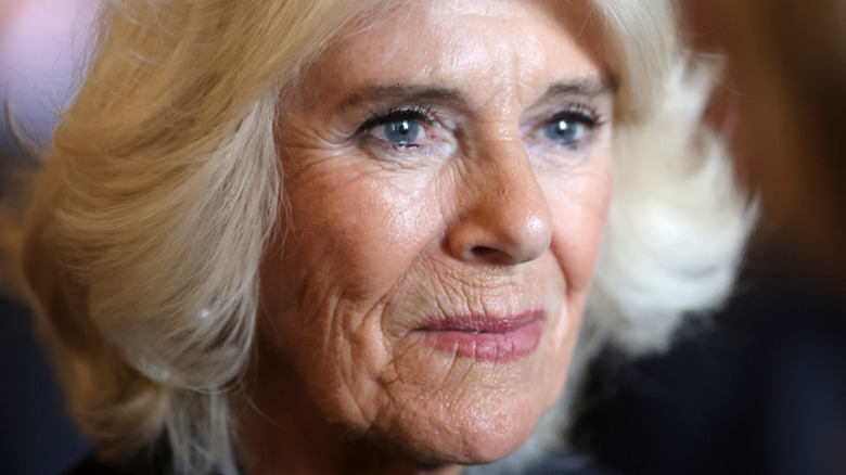 Queen Camilla with a serious expression