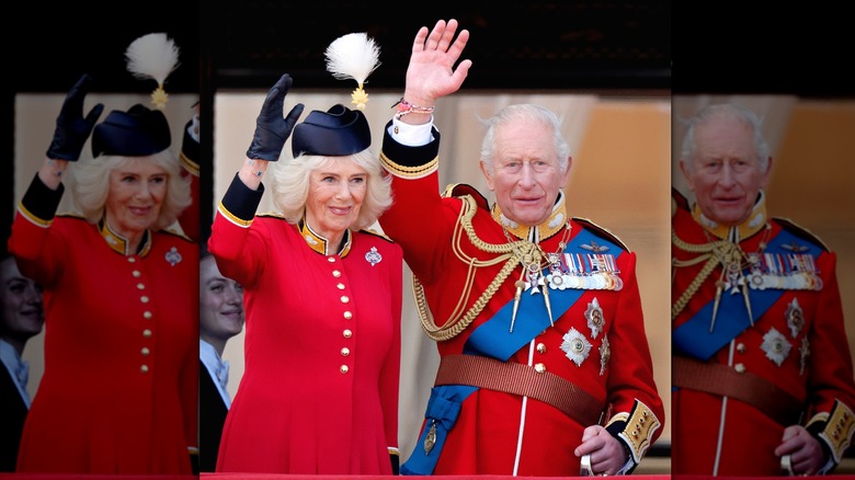 King Charles and Queen Camilla waving at Trooping the Colour 2026