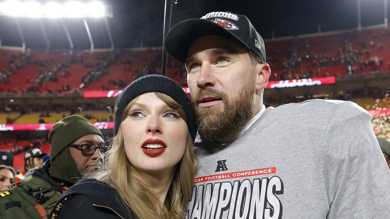 Taylor Swift and Travis Kelce celebrate at Arrowhead Stadium in Kansas City, MO (2025)