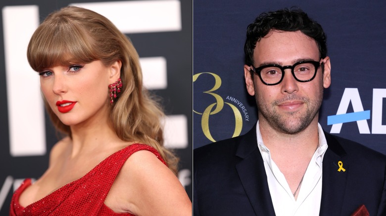 Side-by-side photos of Taylor Swift and Scooter Braun