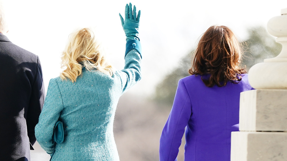 Jill Biden Kamala Harris waving