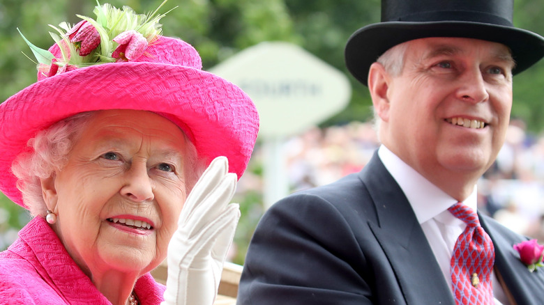 Prince Andrew and Queen Elizabeth II smiling