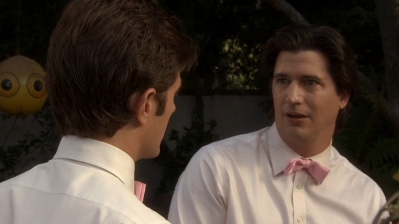 Ken Marino in his white shirt and pink bowtie on Party Down, looking shocked