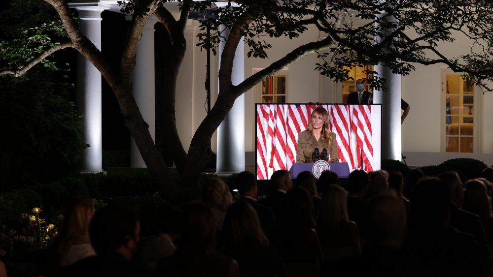 Melania Trump delivers her address from the Rose Garden