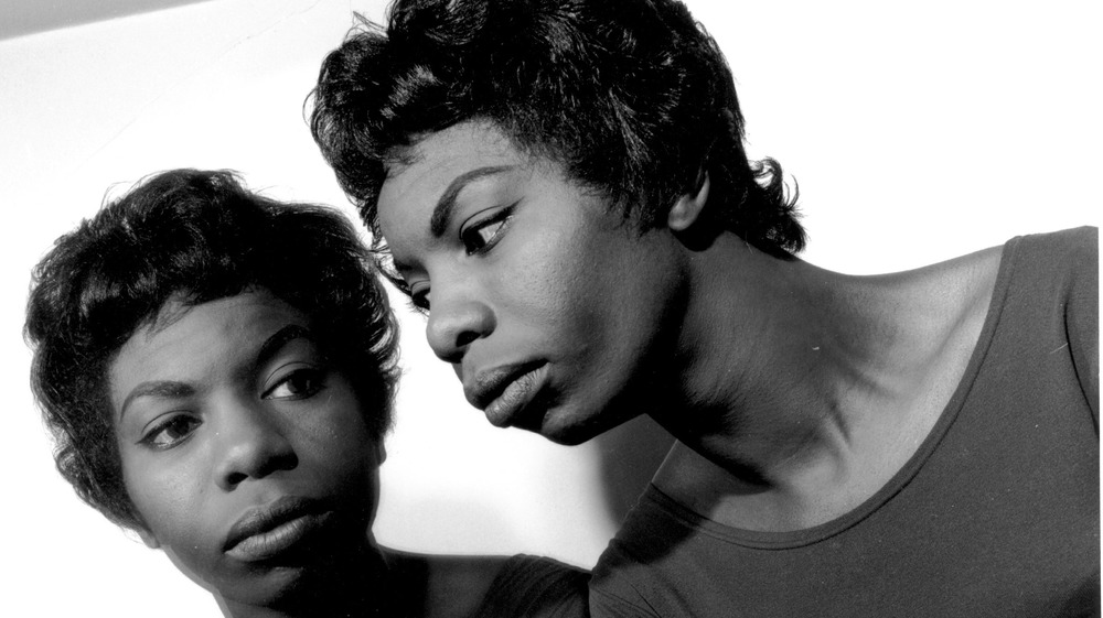 Nina Simone in black-and-white photo