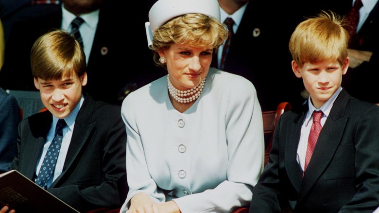 Princess Diana sitting with Prince William and Prince Harry