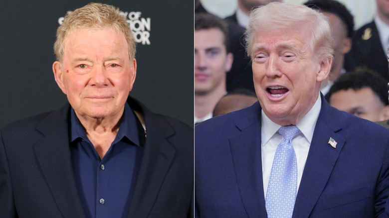 Split image of William Shatner and Donald Trump in dark suits