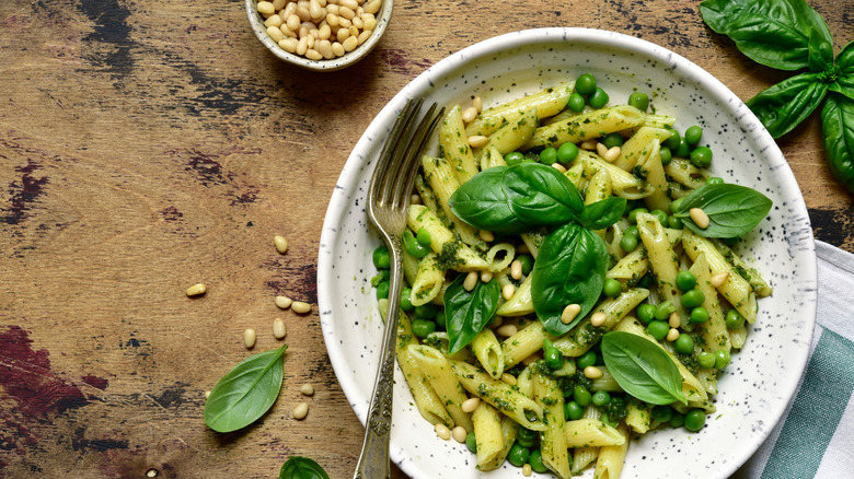 bowl of pasta with pesto