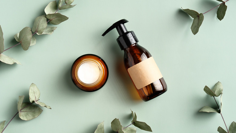 Eucalyptus branches and beauty products