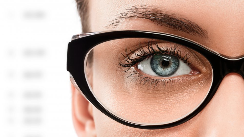 close up of a woman's eye with glasses