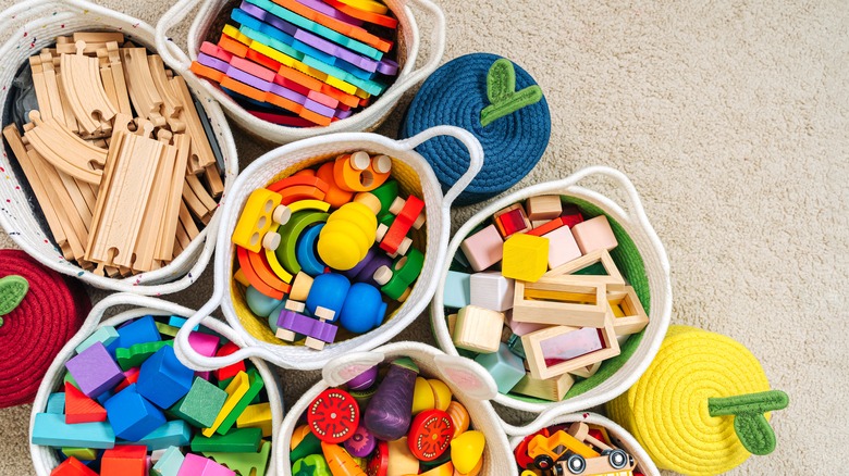 Top down view of baskets filled with children's toys