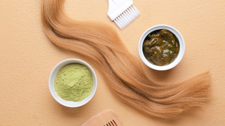 Length of light-colored hair laid out between bowls of henna and applicator brush