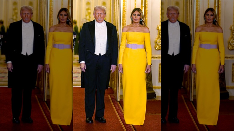 Melanie Trump in a yellow dress standing beside Donald Trump.