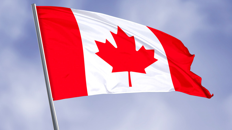 Canadian flag waving in the sky