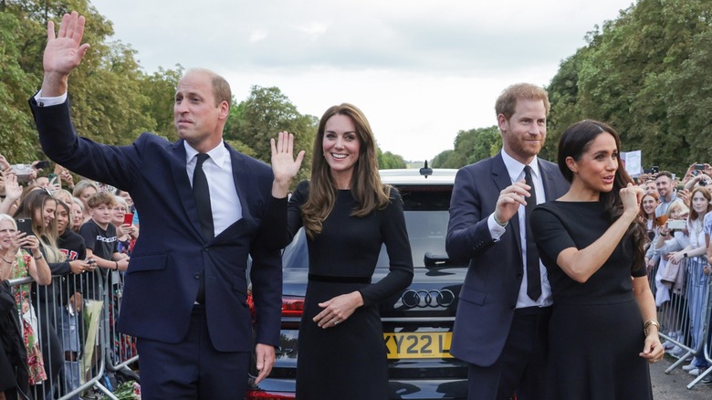 Prince William, Kate Middleton, Prince Harry, Meghan Markle waving
