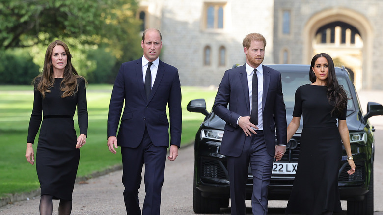 Princes William and Harry walking with their wives