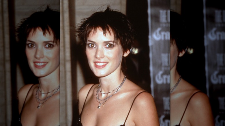 Winona Ryder wore a black dress and silver necklaces