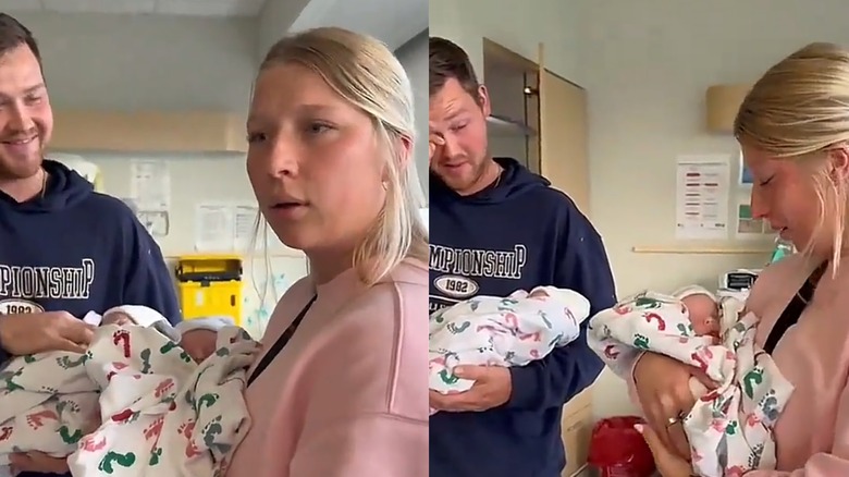 Side by side images A woman with a shocked expression holding a newborn baby next to a man holding another one
