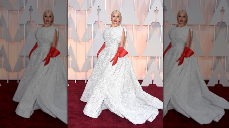 Lady Gaga walking the red carpet at the 2015 Oscars