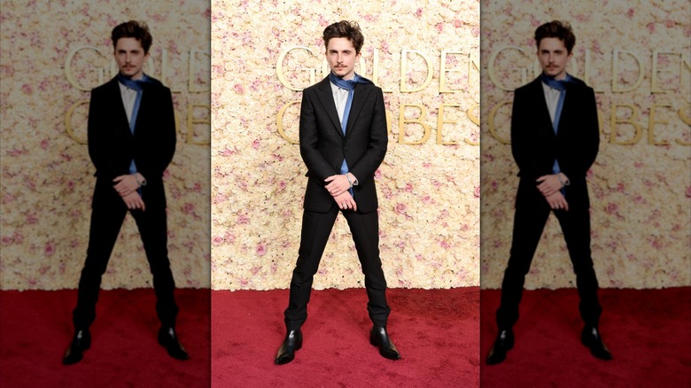 Timothee Chalamet posing at the 2025 Golden Globes