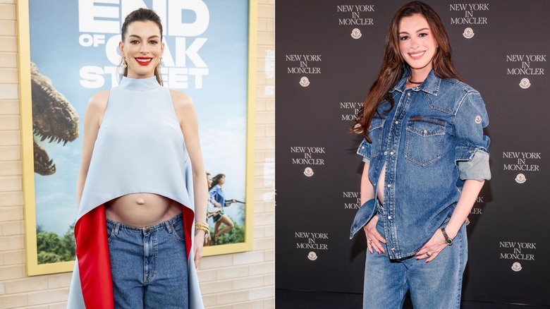 Anne Hathaway posing in split image