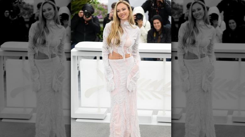Ester Expósito's white and pink Cannes outfit