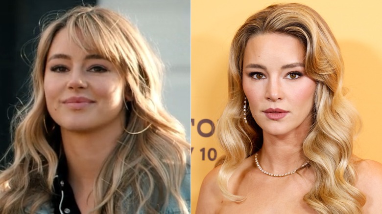 Hassie Harrison as Laramie in "Yellowstone" and at the season 5 premiere of "Yellowstone" in New York, 2024.