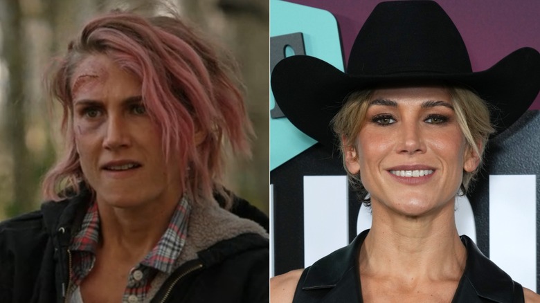 Jennifer Landon as Teeter in "Yellowstone" and at the 2018 CMT Awards.