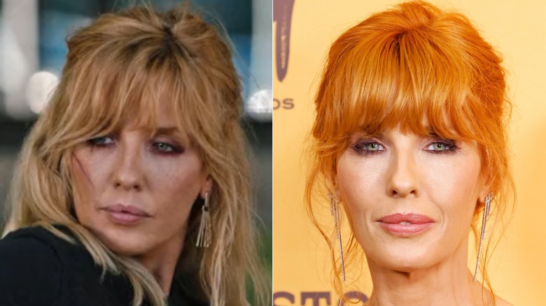 Kelly Reilly as Beth Dutton in "Yellowstone" season 4 and at the premiere of season 5 in New York, 2025.
