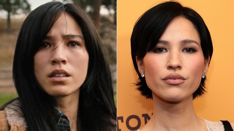 Kelsey Asbille as Monica Long Dutton in "Yellowstone" and at the season 5 premire of "Yellowstone" in New York City, 2024.