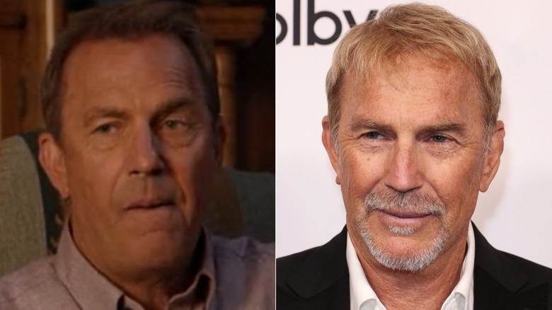 Kevin Costner as John Dutton in "Yellowstone" and at the Golden Globes in 2025.