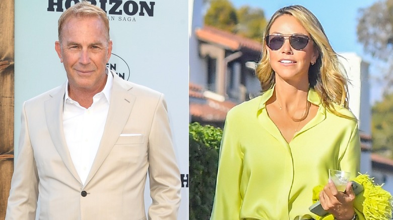 Side by side photo of Kevin Costner and Christina Baumgartner walking
