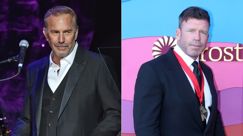 Side by side photo of Kevin Costner and Taylor Sheridan posing in 2023