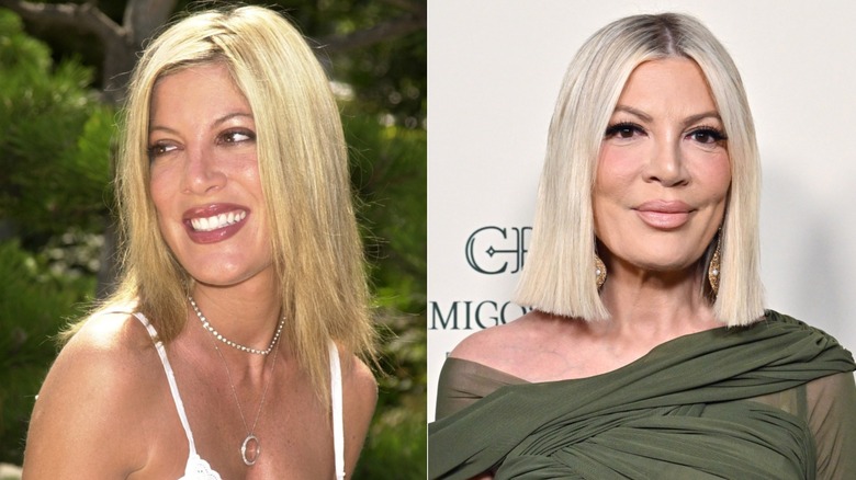 Split image of Tori Spelling in 2002 and 2026