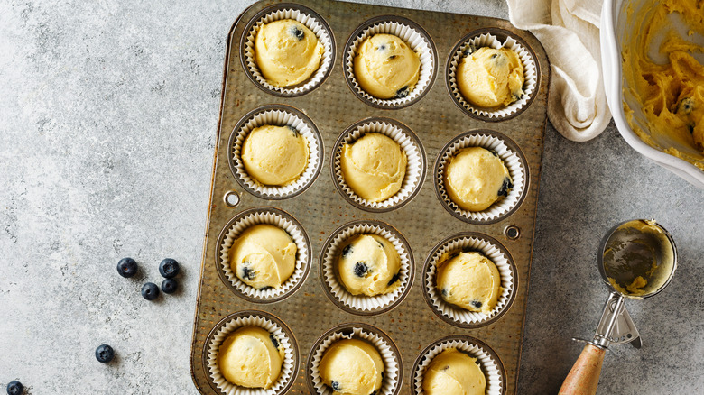 Muffin pan holding blueberry muffin batter