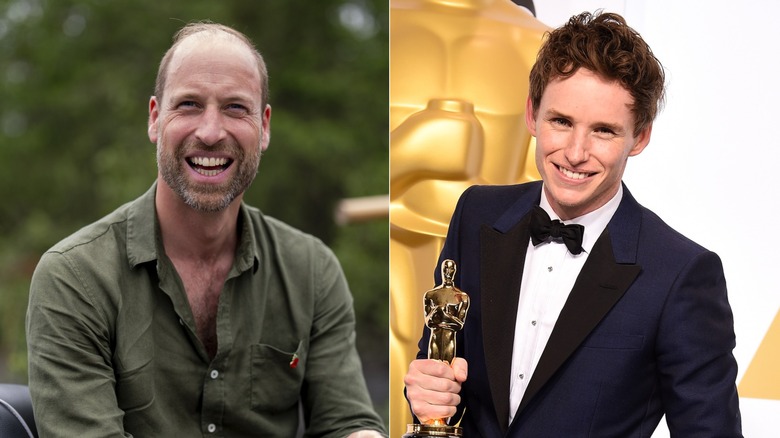 Side by side photos of Eton alums Prince William and Eddie Redmayne